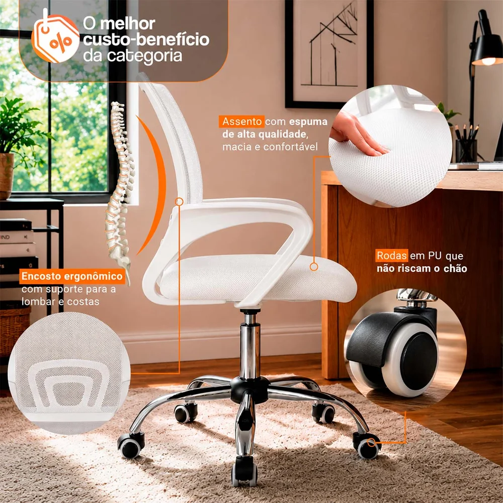 Imagem 3 de 5 do produto Kit 10 Cadeiras De Escritório Begonia Mesh Ergonômico, Branco