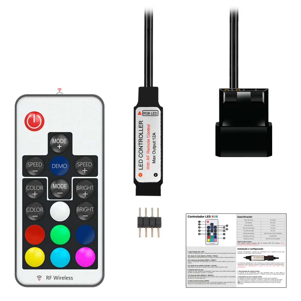 Controladora RGB 12V 4 Pinos, Alimentação Molex, Com Controle Remoto, Alloyseed 8