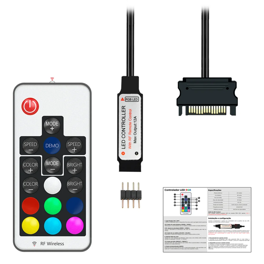 Controladora RGB 12V 4 Pinos, Alimentação Sata, Com Controle Remoto, Alloyseed 6