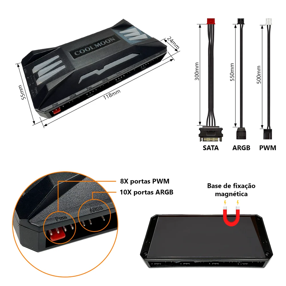 Imagem 4 de 5 do produto Controladora Fans Coolmoon ARGB, 5v, 3 Pinos com 10 portas, Hub Pwm, 4 Pinos com 8 portas, Preta