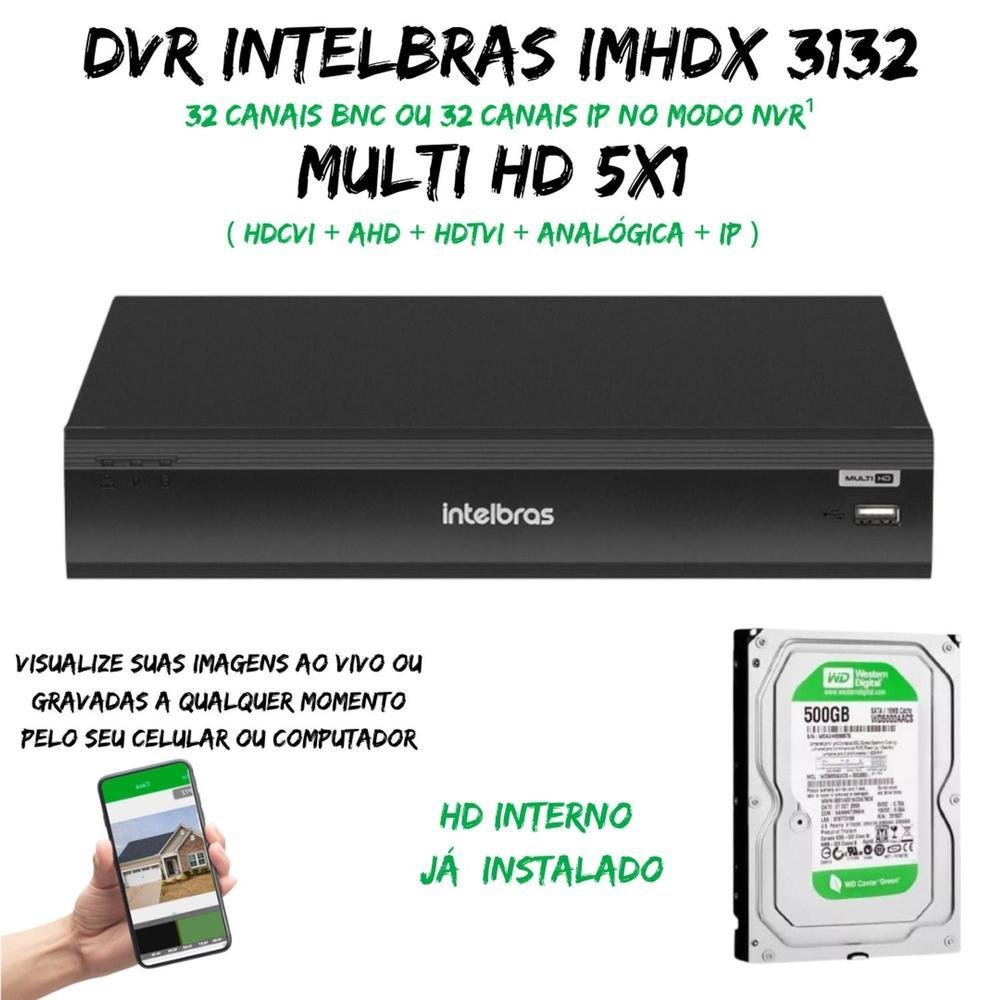 Dvr Multi Hd Intelbras, 32ch Mhdx 3132, C/ HD, 500GB Dvr Multi Hd Intelbras, 32ch Mhdx 3132, C/ HD, 500GB