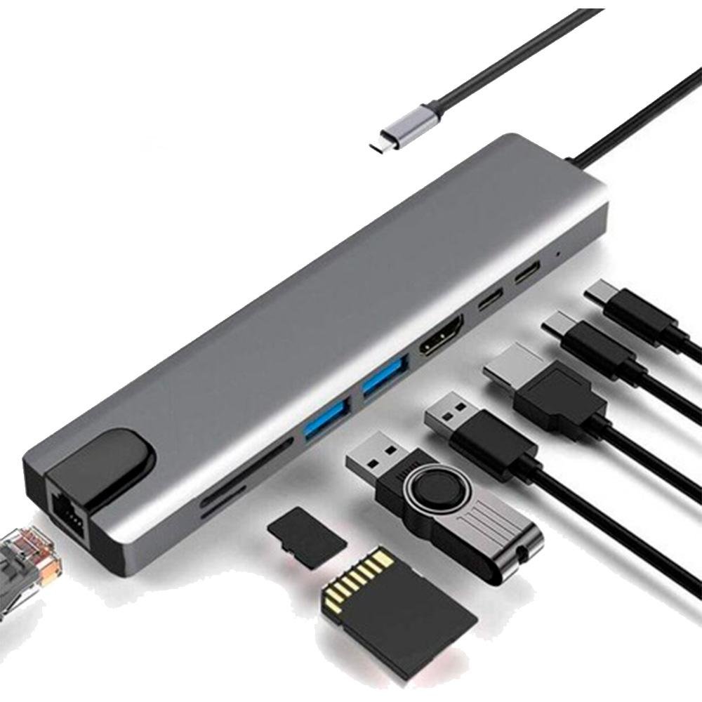 Adaptador USB Tipo C, Com 8 Saídas, HDMI USB-C, USB 3.0, USB 2.0, Micro SD, SD E RJ45, F3 - Jc-Tyc-860