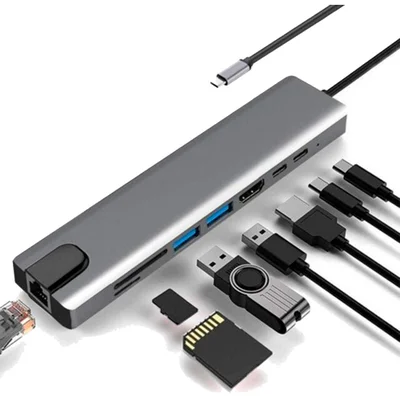Adaptador USB Tipo C, Com 8 Saídas, HDMI USB-C, USB 3.0, USB 2.0, Micro SD, SD E RJ45, F3 - Jc-Tyc-860