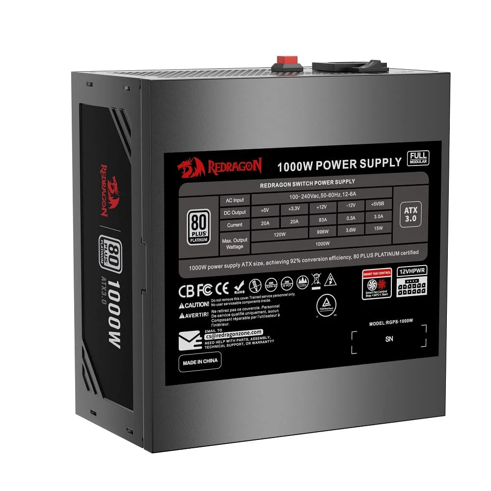 Imagem 2 de 5 do produto Fonte Redragon, ATX 1000w, 80 Plus, Platinum, Preto, Full Modular