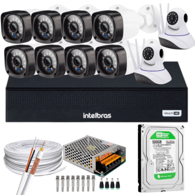 Kit Dvr Intelbras, 8 Canais, H.265, 500GB, 8 Câmeras, FULL HD, 20 Metros+2 Câmeras Ip, C/audio