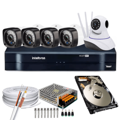 Kit Dvr Intelbras, 4 Canais, H.265, 320GB, 4 Câmeras, Hd, 20 Metros + 1 Câmeras Ip, C/audio