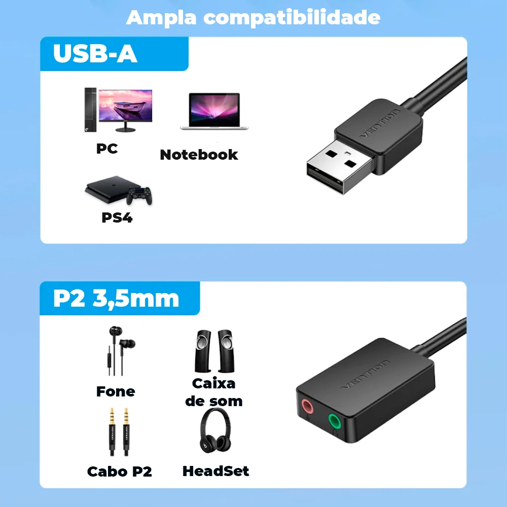 Imagem 4 de 5 do produto Adaptador Vention, USB, Placa De Áudio X Microfone P2