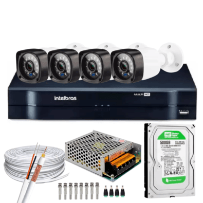 Kit Dvr Intelbras, 4 Canais, H.265, 500GB, 4 Câmeras HD, 20 Metros + 1 Câmeras Ip, C/audio