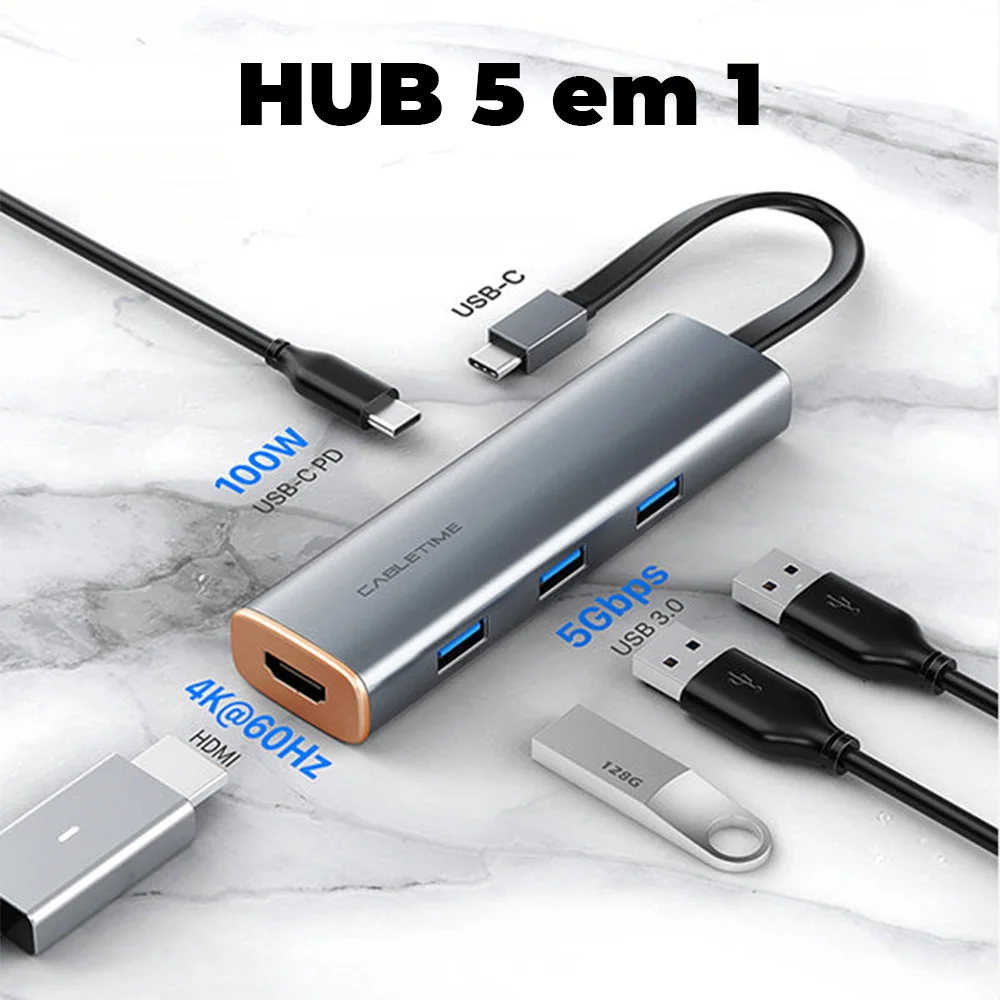 Imagem 2 de 5 do produto Hub Adaptador 5 Em 1 Cabletime, USB-C, HDMI, 4K, PD, Compativel Com Notebook e PC