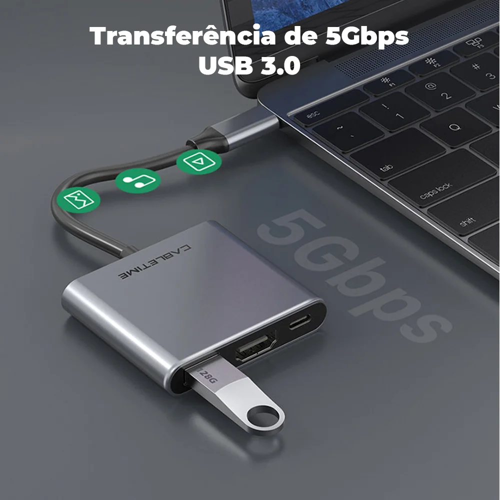 Imagem 4 de 5 do produto Hub Adaptador 3 Em 1 Cabletime, USB-C, HDMI, Compativel Com Notebook e Nintendo