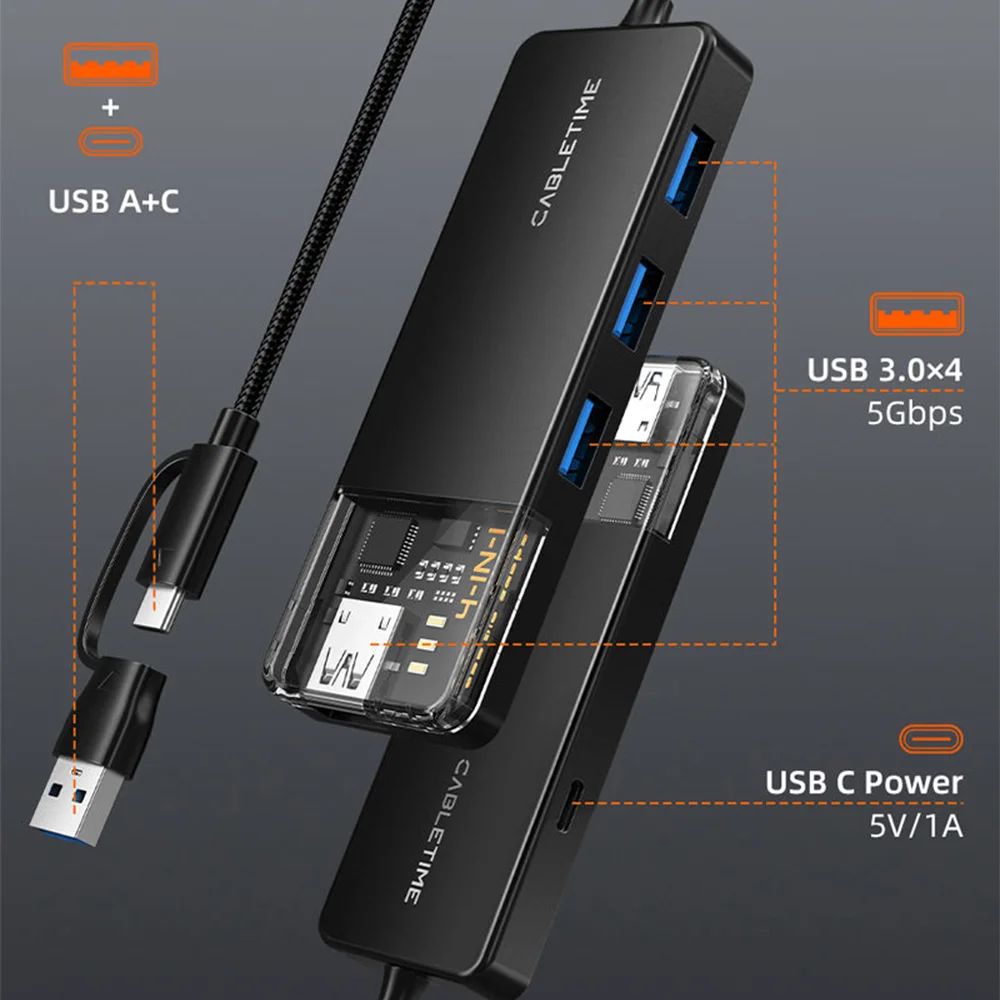 Imagem 2 de 5 do produto Hub Adaptador Cabletime 4 Em 1, USB-C e USB-A 3.0, Dock, Compativel Com Notebook e Pc