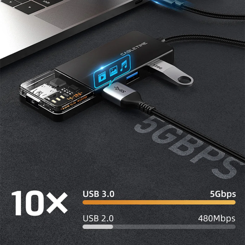 Imagem 4 de 5 do produto Hub Adaptador Cabletime 4 Em 1, USB-C e USB-A 3.0, Dock, Compativel Com Notebook e Pc