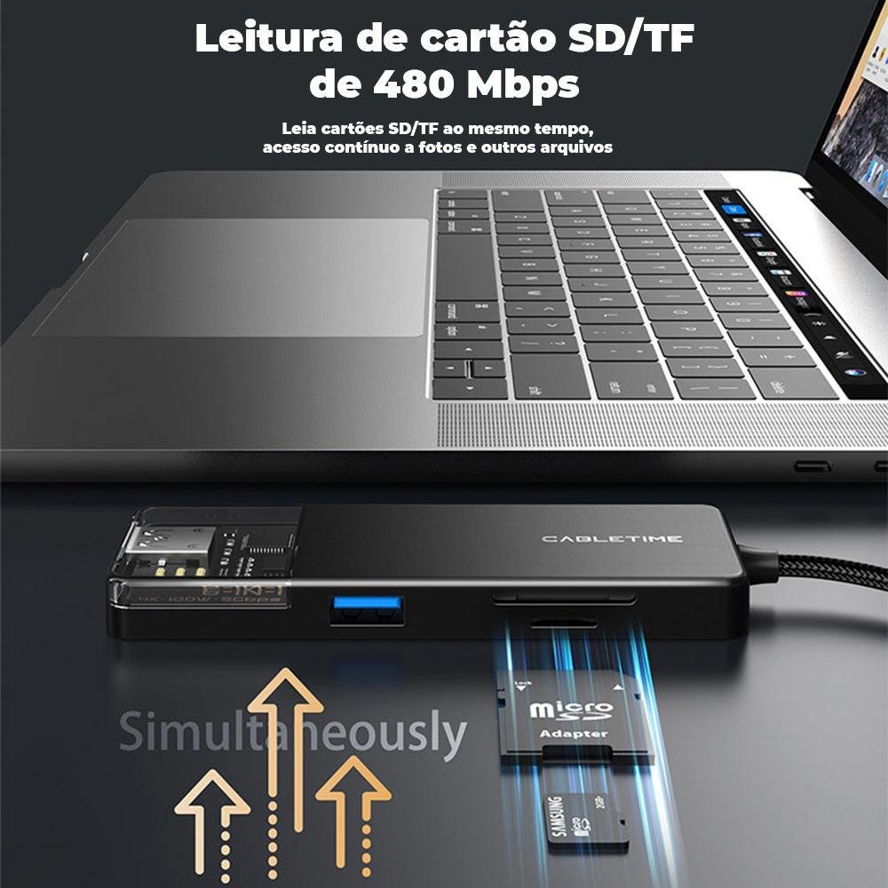 Imagem 2 de 5 do produto Hub Adaptador Cabletime 6 Em 1, USB-C 3.0 Dock, Compativel Com Notebook e Pc