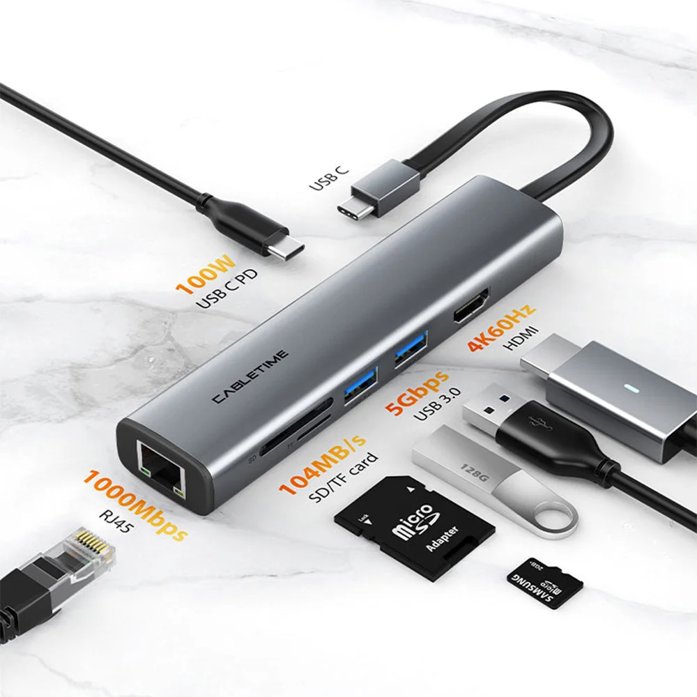 Imagem 2 de 5 do produto Hub Adaptador Cabletime 7 Em 1, USB-C, HDMI, PD, Rj45, Compativel Com Notebook