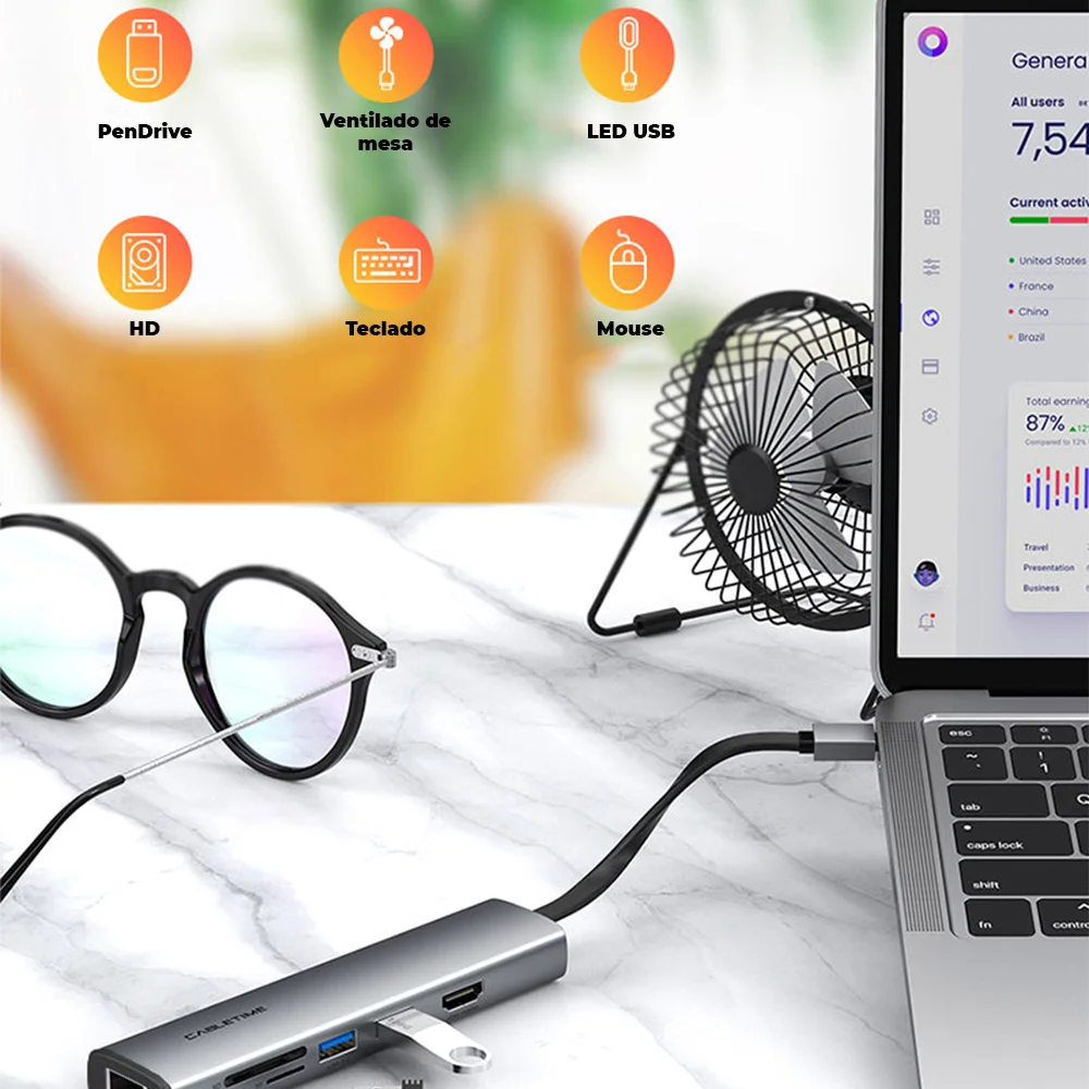 Imagem 3 de 5 do produto Hub Adaptador Cabletime 7 Em 1, USB-C, HDMI, PD, Rj45, Compativel Com Notebook