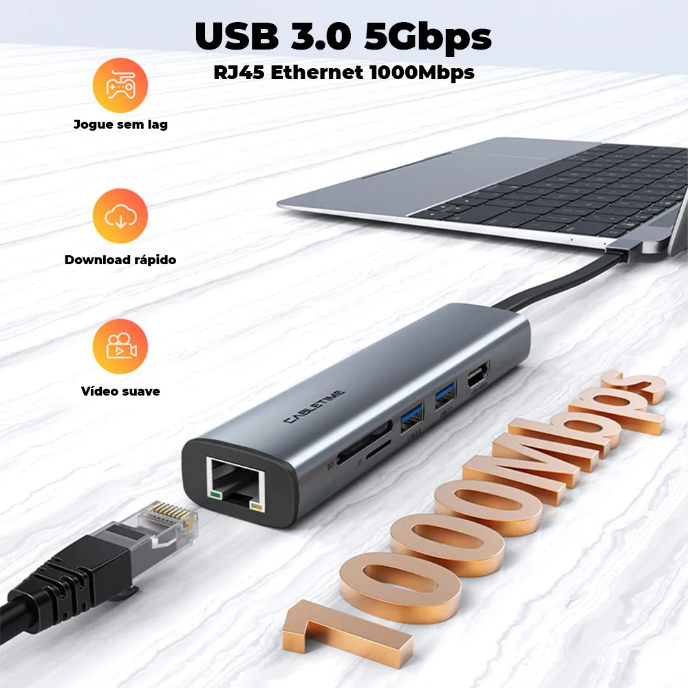 Imagem 5 de 5 do produto Hub Adaptador Cabletime 7 Em 1, USB-C, HDMI, PD, Rj45, Compativel Com Notebook