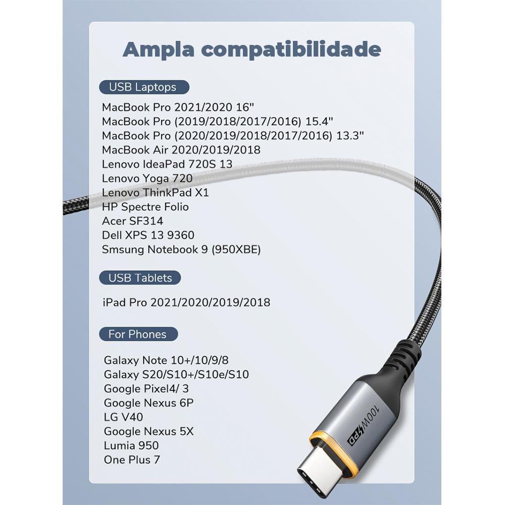 Imagem 5 de 5 do produto Cabo De Carregamento Turbo Rápido Cabletime, USB-C, PD, 2 Metros, 100w
