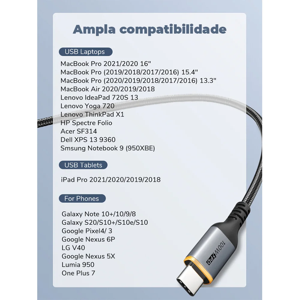 Imagem 2 de 5 do produto Cabo De Carregamento Turbo Rápido Cabletime, USB-C, PD, 1 Metro, 100w