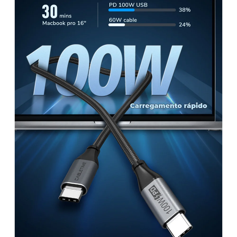 Imagem 2 de 5 do produto Cabo Carregador Turbo Rápido Cabletime, USB-C, PD, 1 Metro, 100w