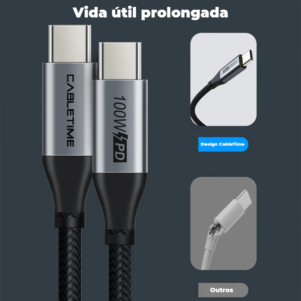 Imagem 4 de 5 do produto Cabo Carregador Turbo Rápido Cabletime, USB-C, PD, 1 Metro, 100w