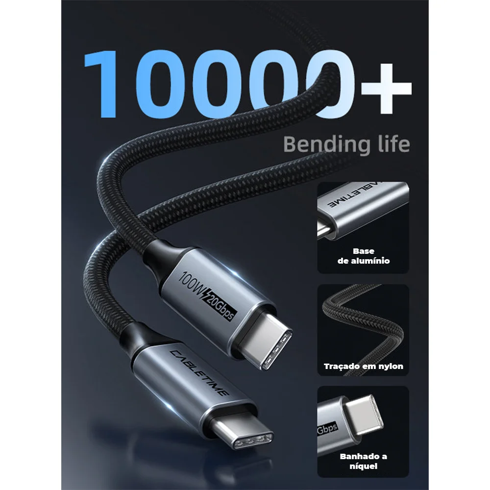 Imagem 3 de 5 do produto Cabo Cabletime, USB-C 3.2, 20GBPS, 4K, 60HZ, 1.5 Metros, 100W