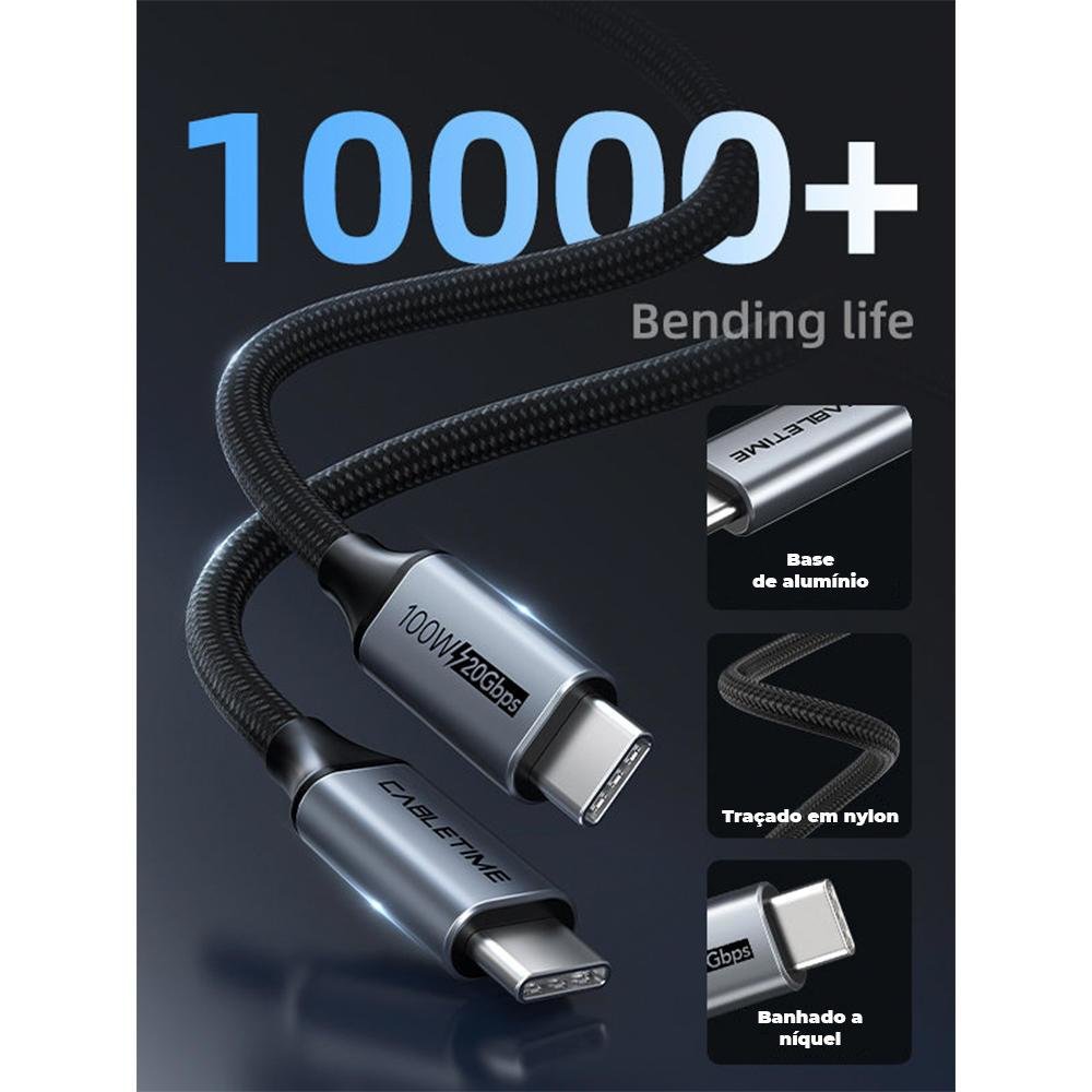 Imagem 4 de 5 do produto Cabo Cabletime, USB-C 3.2, 20GBPS, 4K, 60HZ, PD, 3 Metros, 100w