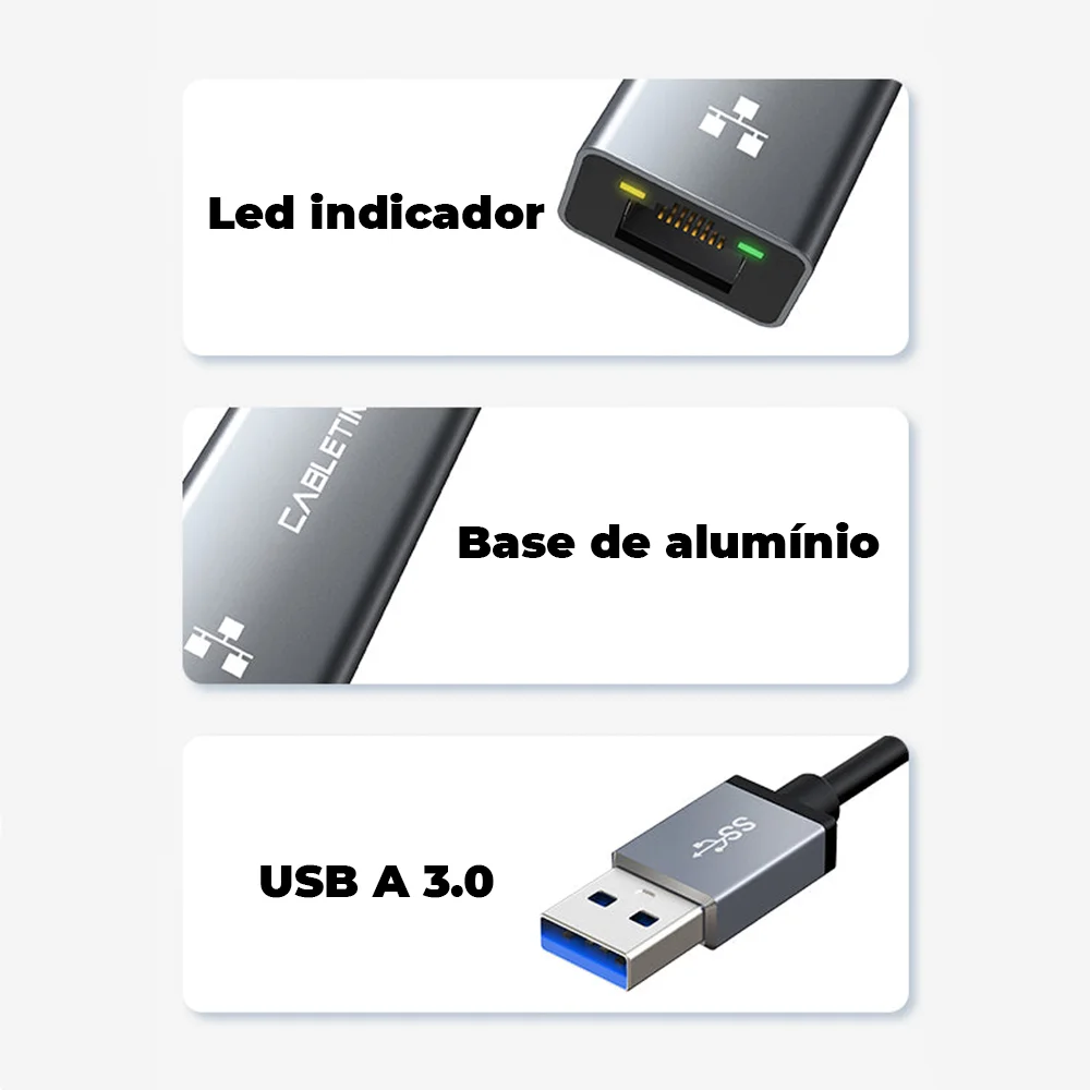 Imagem 2 de 5 do produto Adaptadores Cabletime, USB-C 3.0, RJ45, GIGABIT, 1GBPS, Ethernet