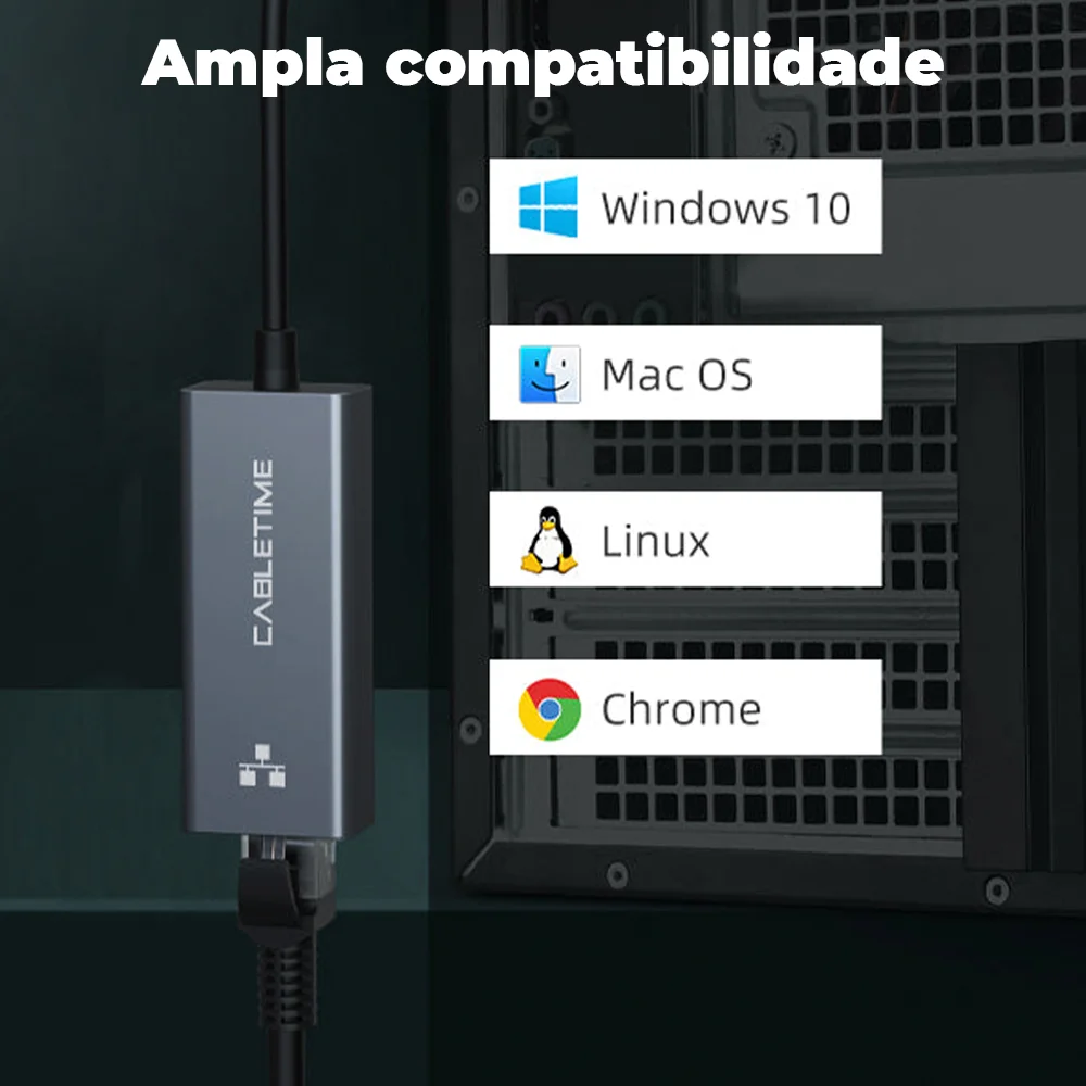Imagem 3 de 5 do produto Adaptadores Cabletime, USB-C 3.0, RJ45, GIGABIT, 1GBPS, Ethernet