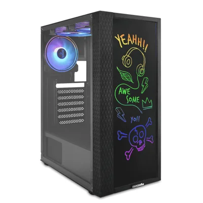 Gabinete Gamer Concórdia Creative, Mid Tower, ARGB, Vidro Frontal Para Escrita, 3 Fans