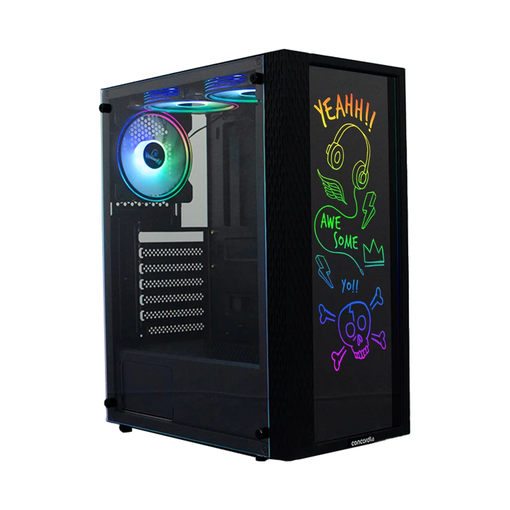 Gabinete Gamer Concórdia Creative, Mid Tower, ARGB, Vidro Frontal Para Escrita, 3 Fans