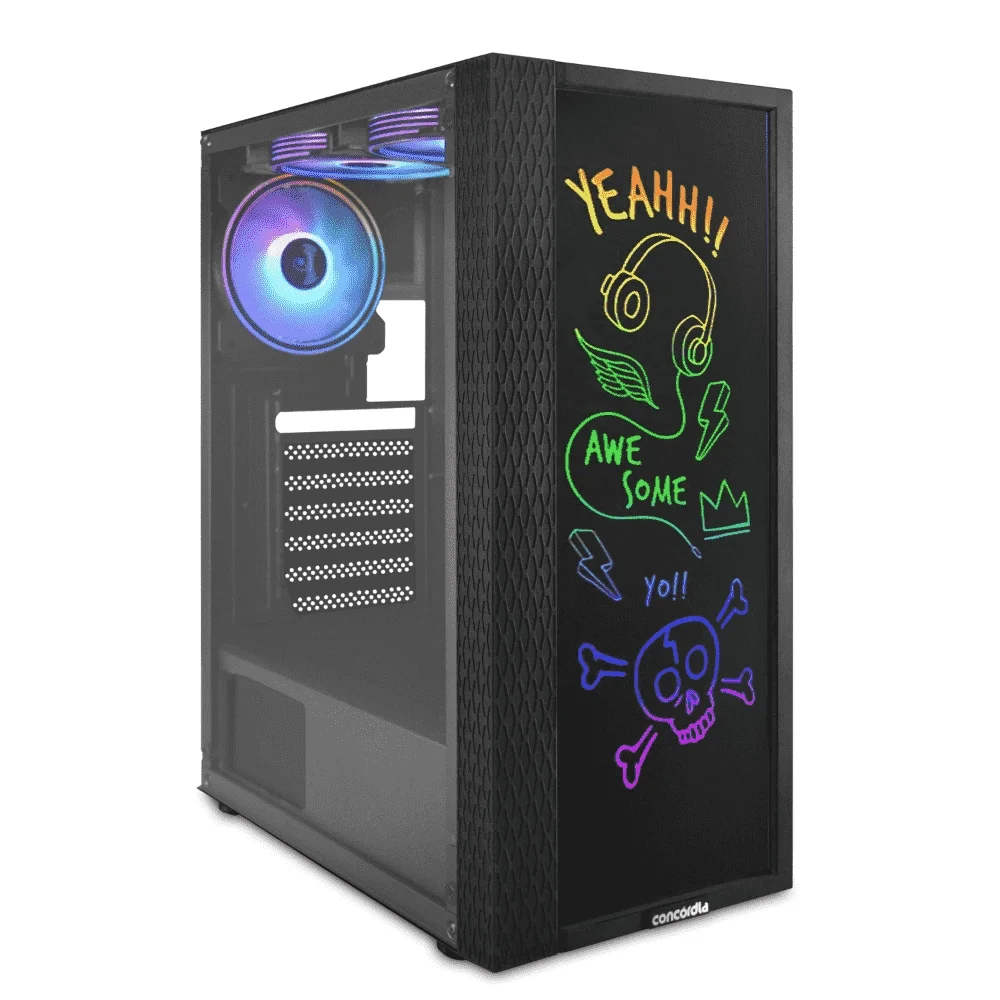 Gabinete Gamer Concórdia Creative, Mid Tower, ARGB, Vidro Frontal Para Escrita, 3 Fans