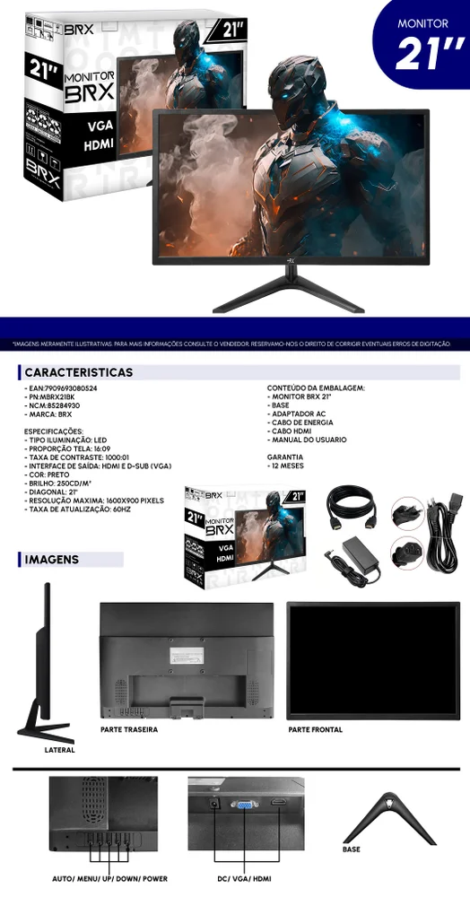 Monitor Gamer BRX, Tela 21", LED, 60Hz, HDMI, VGA, Widescreen Monitor Gamer BRX, Tela 21", LED, 60Hz, HDMI, VGA, Widescreen
