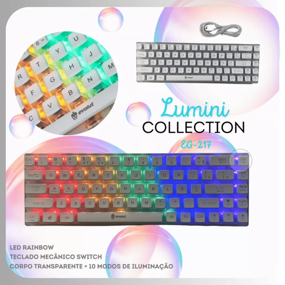 Imagem 2 de 5 do produto Teclado Gamer Mecanico  Evolut Eg217, Transparente, Lumini 60%, Switch Azul, Com Fio