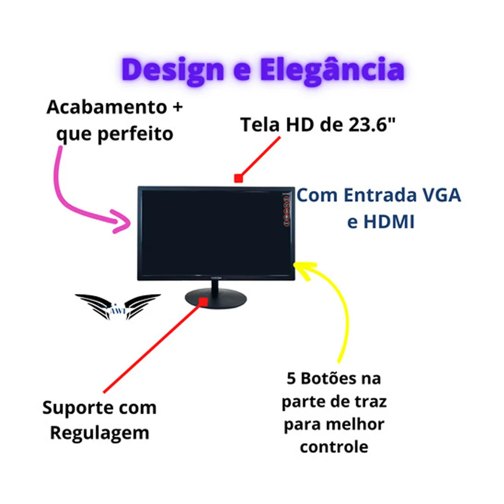 Monitor Hayom, Tela de 23.6 Polegadas, FULL HD, 1080P, HDMI, VGA - MO6005 Monitor Hayom, Tela de 23.6 Polegadas, FULL HD, 1080P, HDMI, VGA - MO6005