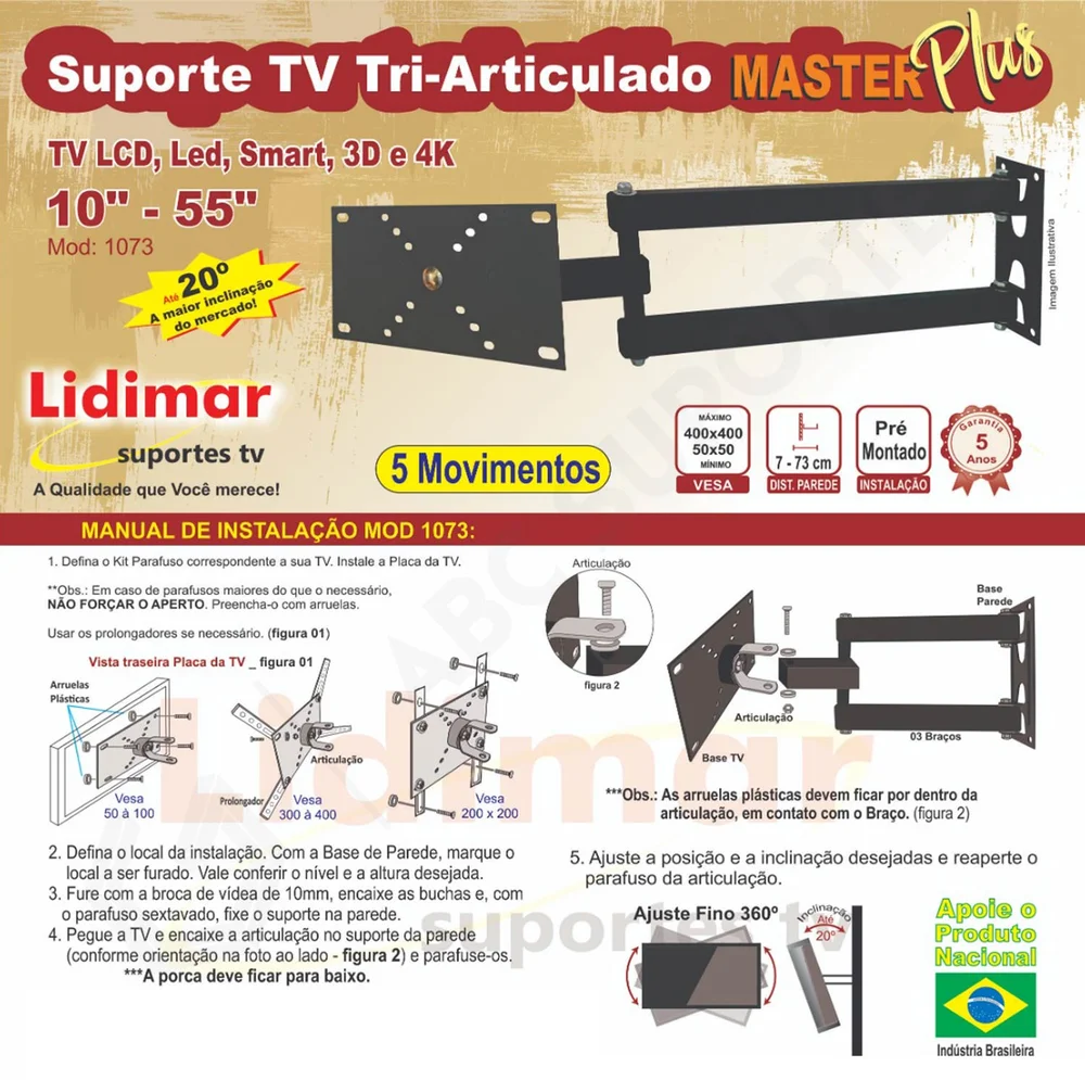 Imagem 3 de 5 do produto Suporte Tv Lidimar Master Plus, Tri Articulado, Para Telas de 10 À 55 Polegadas, Preto - 1073