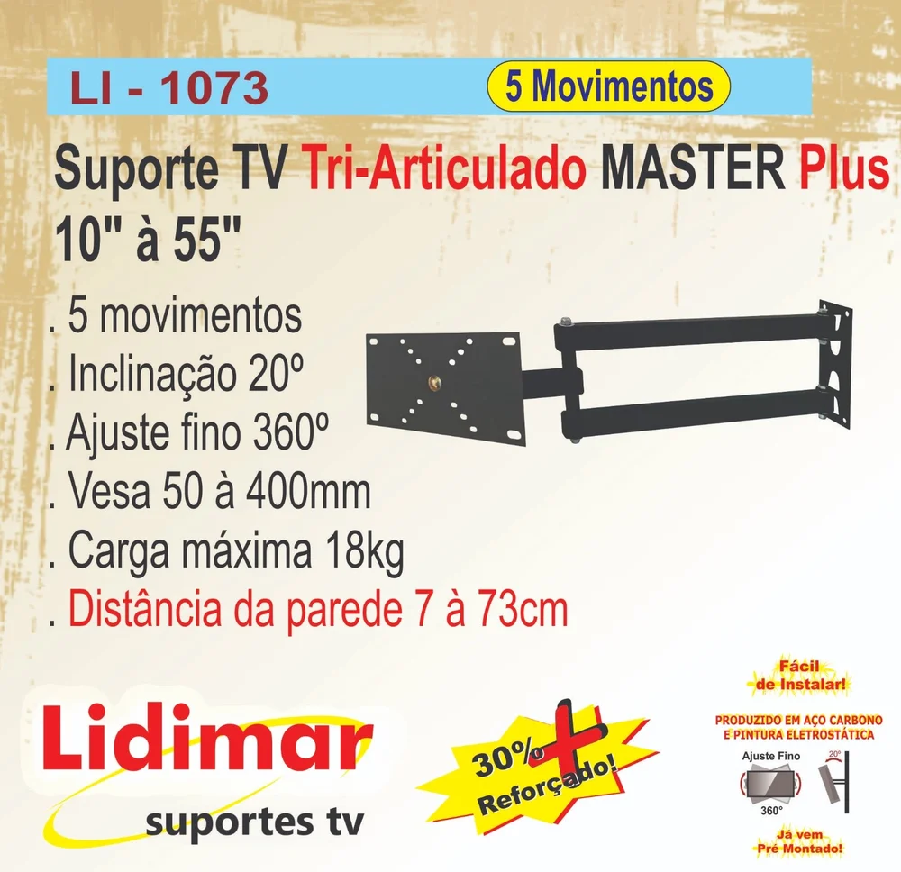 Imagem 5 de 5 do produto Suporte Tv Lidimar Master Plus, Tri Articulado, Para Telas de 10 À 55 Polegadas, Preto - 1073