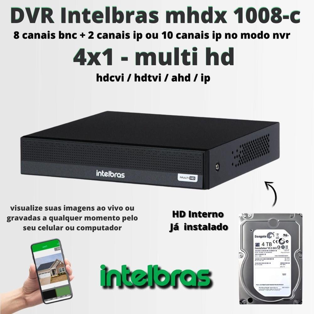 Kit Intelbras, 8 Câmeras, 6 Cameras 1220B FULL HD, 2 Cameras 1220 FULL Color + DVR 3008-c 8 Canais, HD 4TB