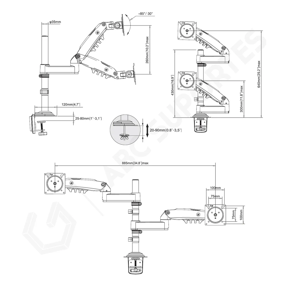 Imagem 5 de 5 do produto Suporte De Mesa, Articulado, Pistão a Gás, Ajuste De Altura, Para 02 Monitores De 22 À 32 Polegadas, Preto - H180