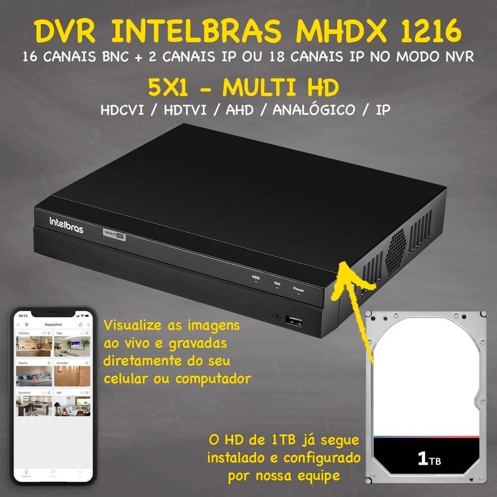 Kit Intelbras, 16 Câmeras VHL 1220 FULL, 20m + DVR 16 Canais, HD 1TB