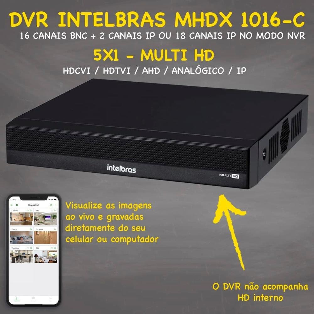 Kit Intelbras, 16 Câmeras 1080p + DVR 16 Canais H.265, Sem HD Kit Intelbras, 16 Câmeras 1080p + DVR 16 Canais H.265, Sem HD