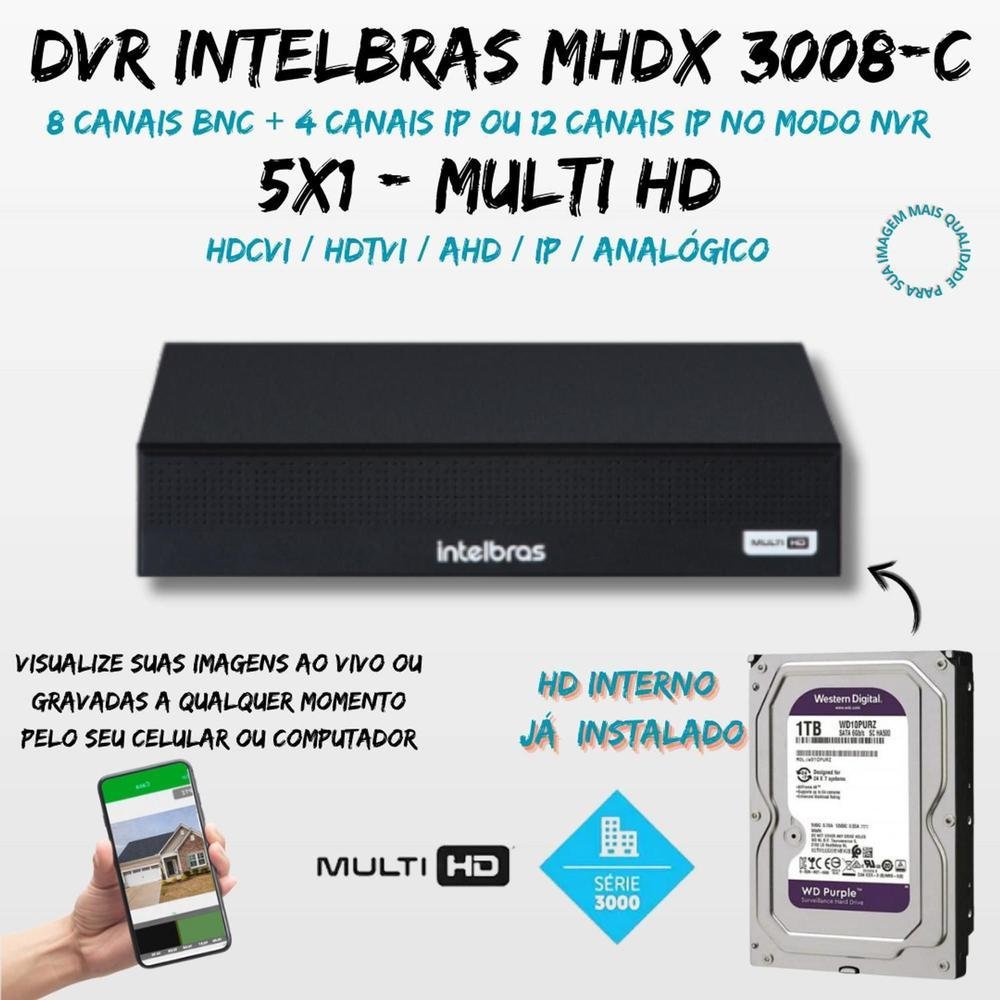 Imagem 2 de 5 do produto Kit Intelbras, 8 Câmeras, 2 Câmeras Full Color, 6 Câmeras 1220B, FULL HD + DVR Mhdx 1008-c, HD 1TB