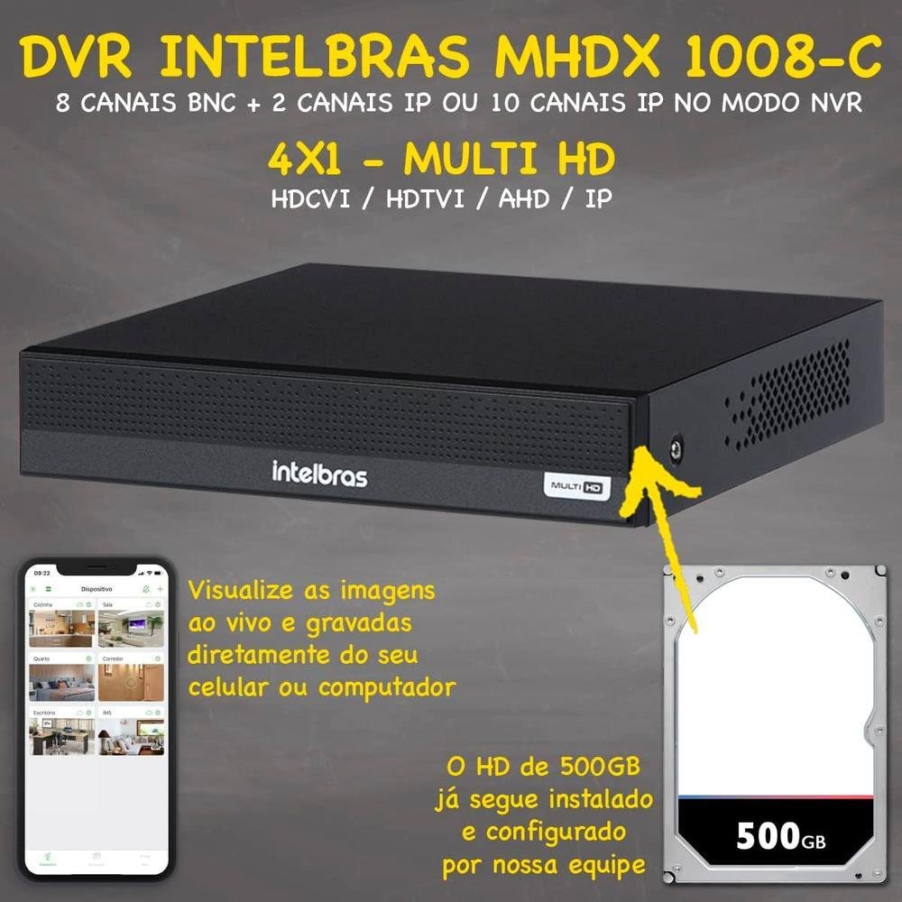 Kit Intelbras, 6 Câmeras VHL 1120bB + DVR 1008-c, 8 Canais, HD 500GB