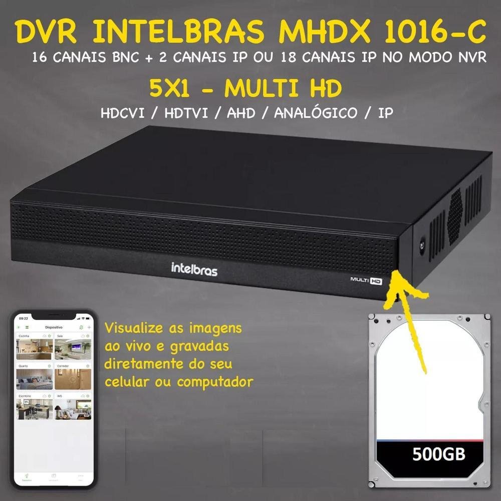 Kit Intelbras, 8 Câmeras VHD 1130B + DVR 1016-c, 16 Canais, HD 500GB