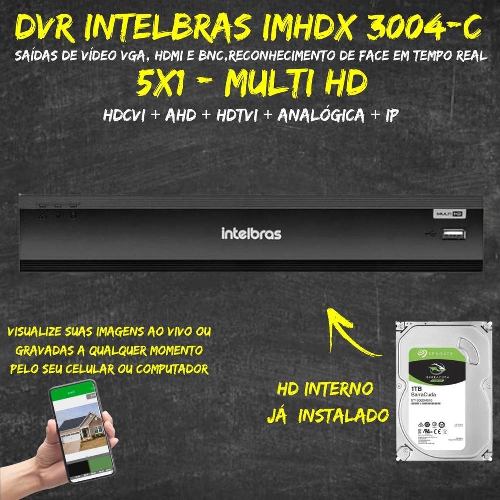 Kit Intelbras, DVR Imhdx 3004, 4 Canais, Inteligência Artificial + HD 1TB