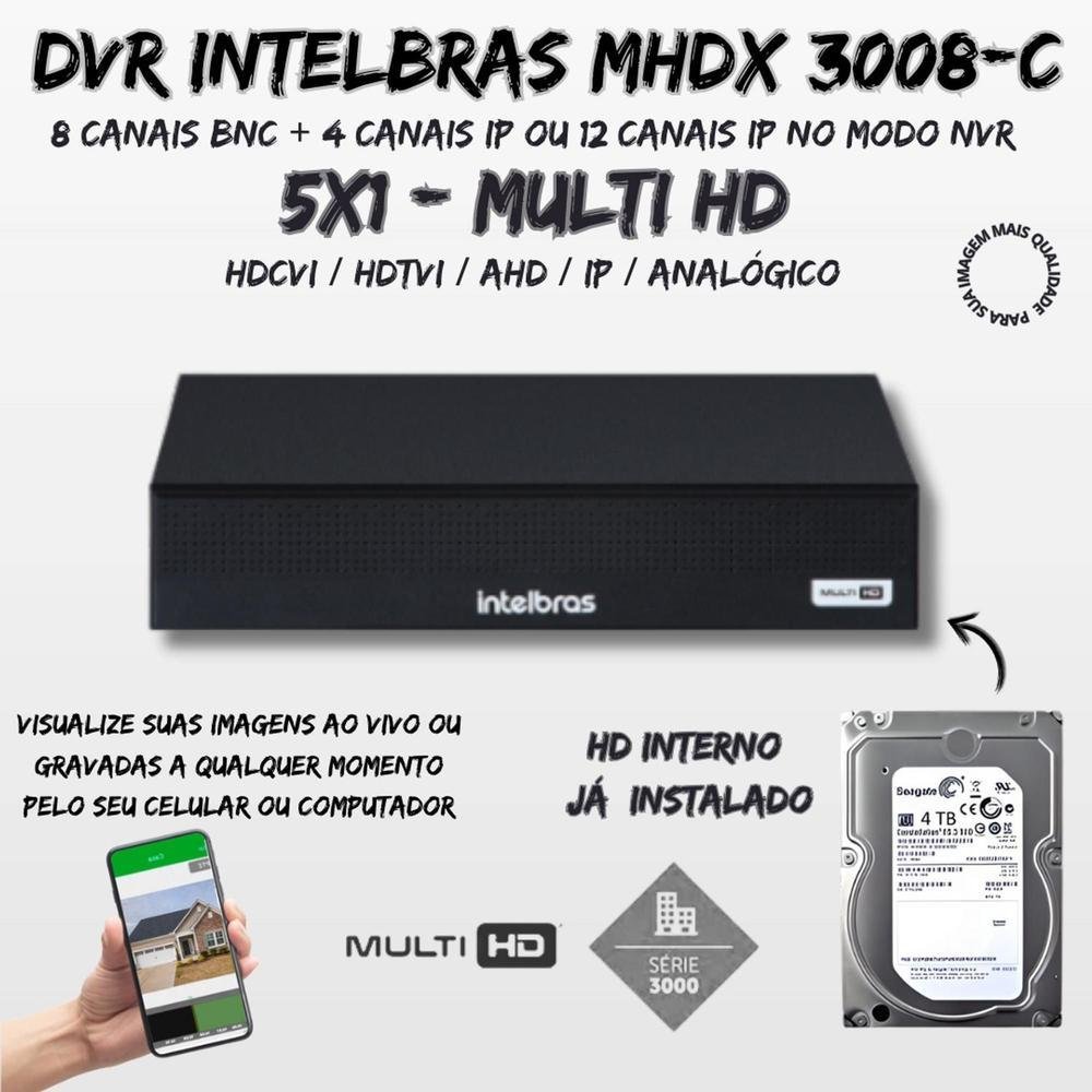 Kit Intelbras, DVR  Mhdx 3008-c, 8 Canais, Multi HD + HD 4TB