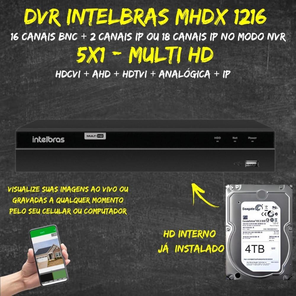 Kit Intelbras, Dvr Mhdx 1216-c, 16 Canais, Multi HD + HD 4TB Kit Intelbras, Dvr Mhdx 1216-c, 16 Canais, Multi HD + HD 4TB