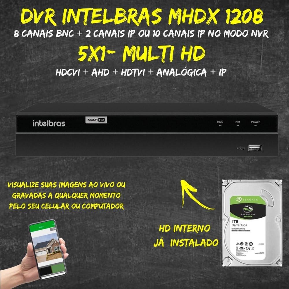Kit Intelbras, Dvr Mhdx 1208, 8 Canais, Multi HD + HD 1TB