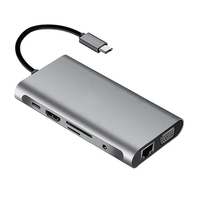 Adaptador USB C 3.0 10 Em 1 Com 4k HDMI, VGA, Tipo C Pd, USB 3.0, Ethernet Rj45, Leitor De Cartão