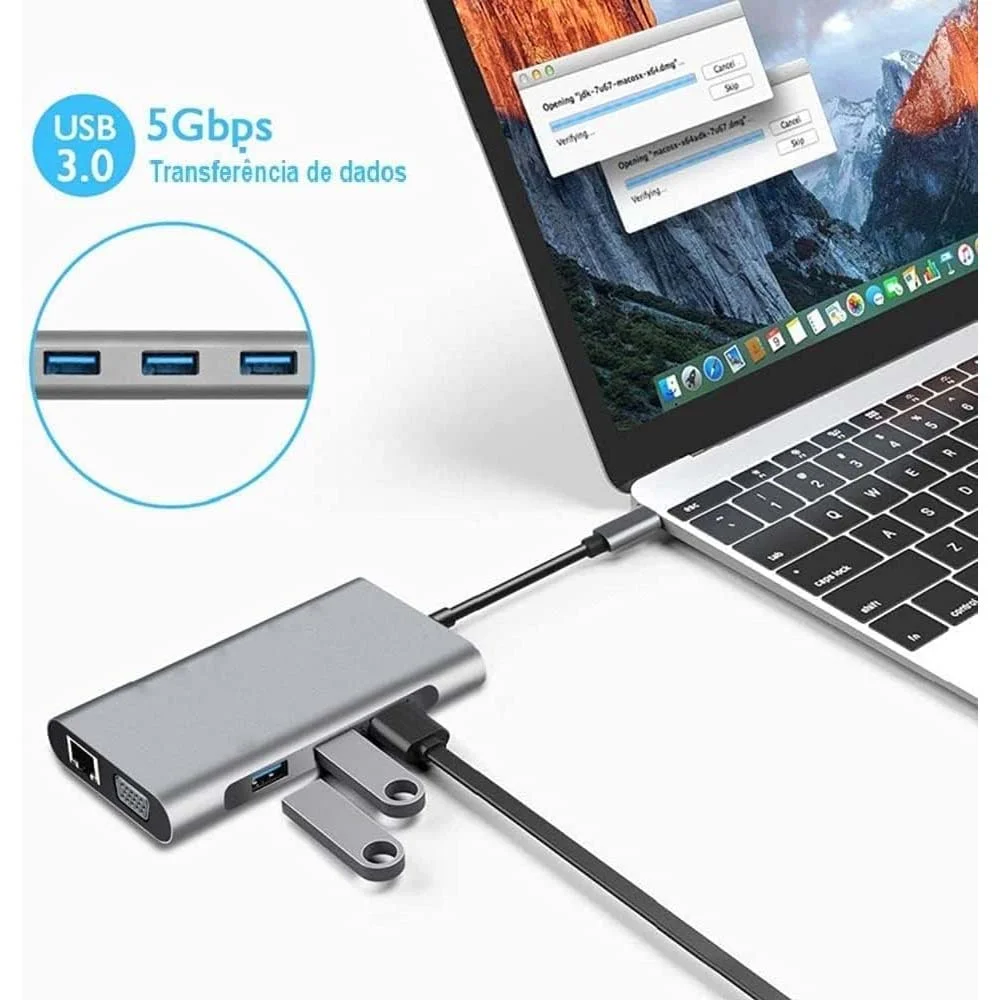 Imagem 4 de 5 do produto Adaptador USB C 3.0 10 Em 1 Com 4k HDMI, VGA, Tipo C Pd, USB 3.0, Ethernet Rj45, Leitor De Cartão