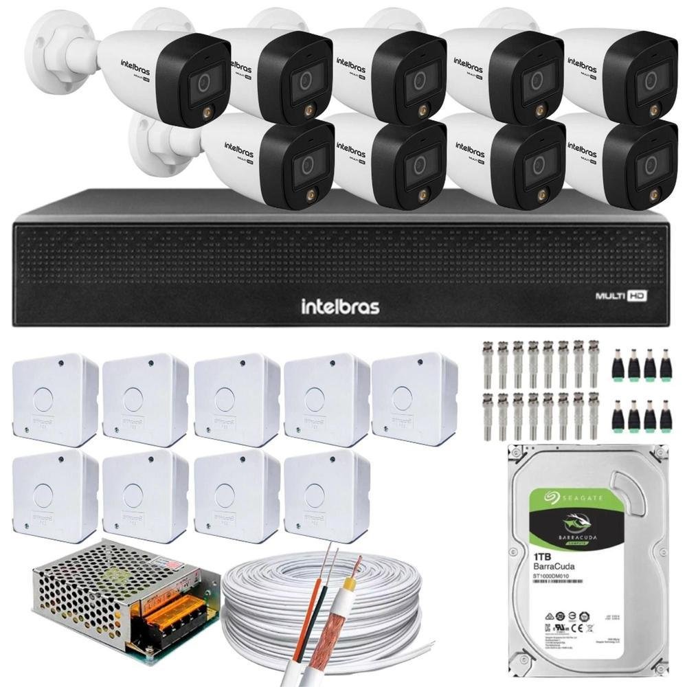 Imagem 1 de 5 do produto Kit 09 Cameras 1220 Intelbras, Full Color, Dvr Mhdx 16 Ch, Color Noite